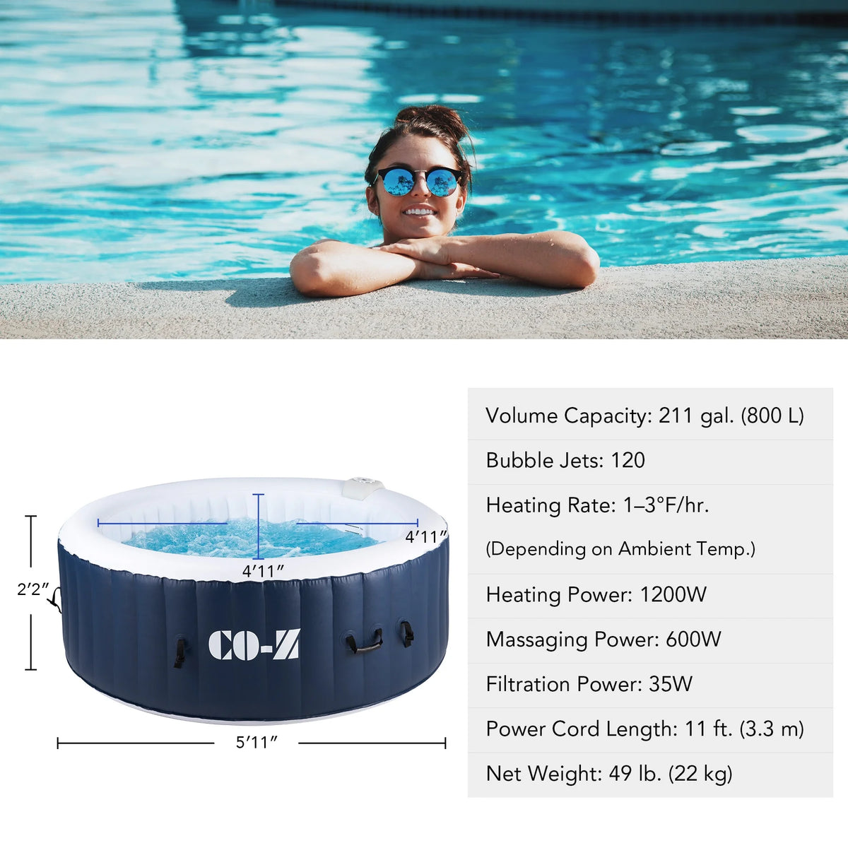 6x6ft PVC Inflatable Spa Tub with Heater & 120 Massaging Jets W81870