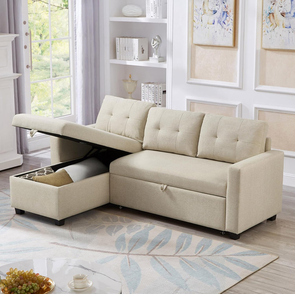 Beige L-Shape Convertible Sofa Sleeper with Pull-Out Bed N5151