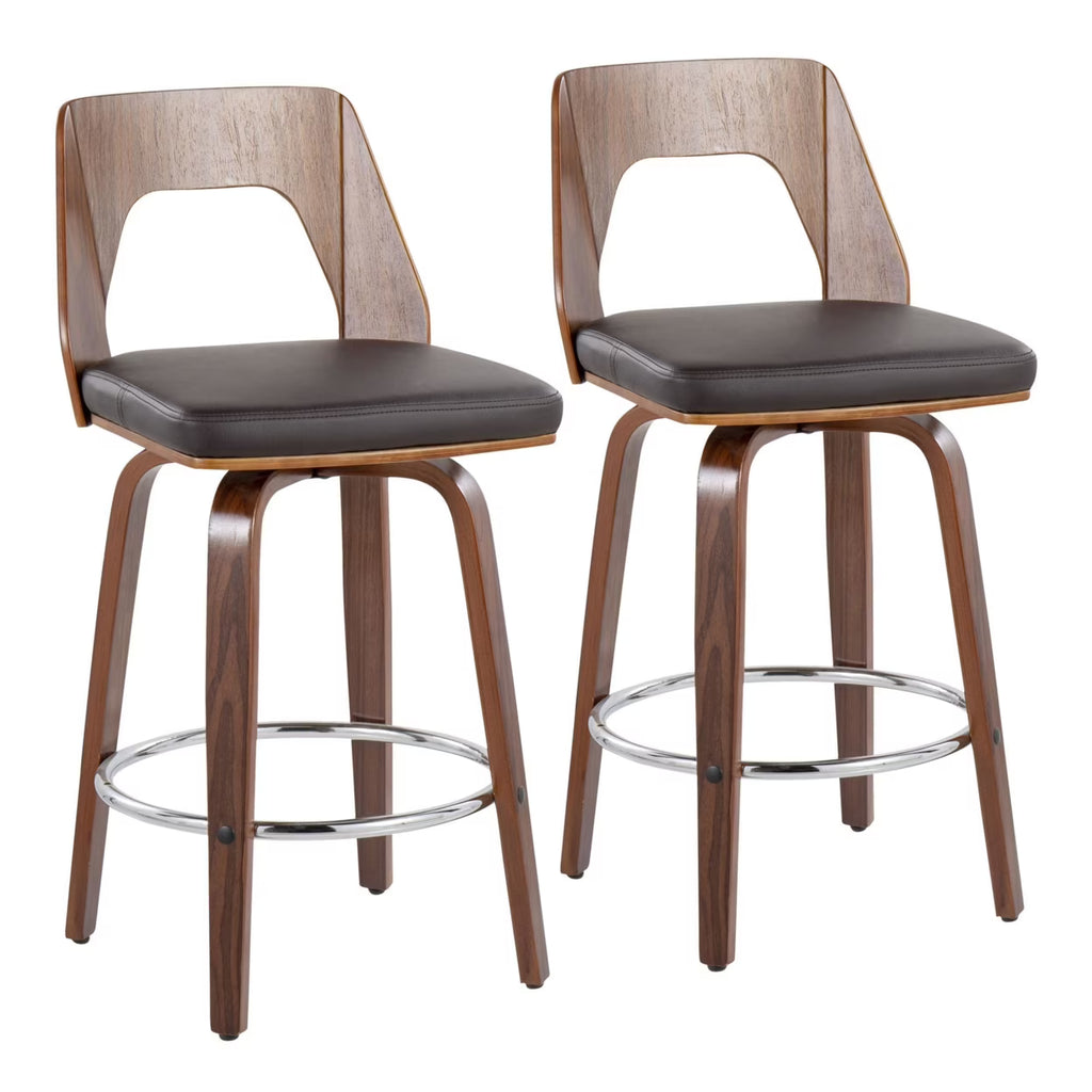 Mid-Century Modern Counter Stool In Walnut And Brown Faux Leather - Set Of 2 Y312962