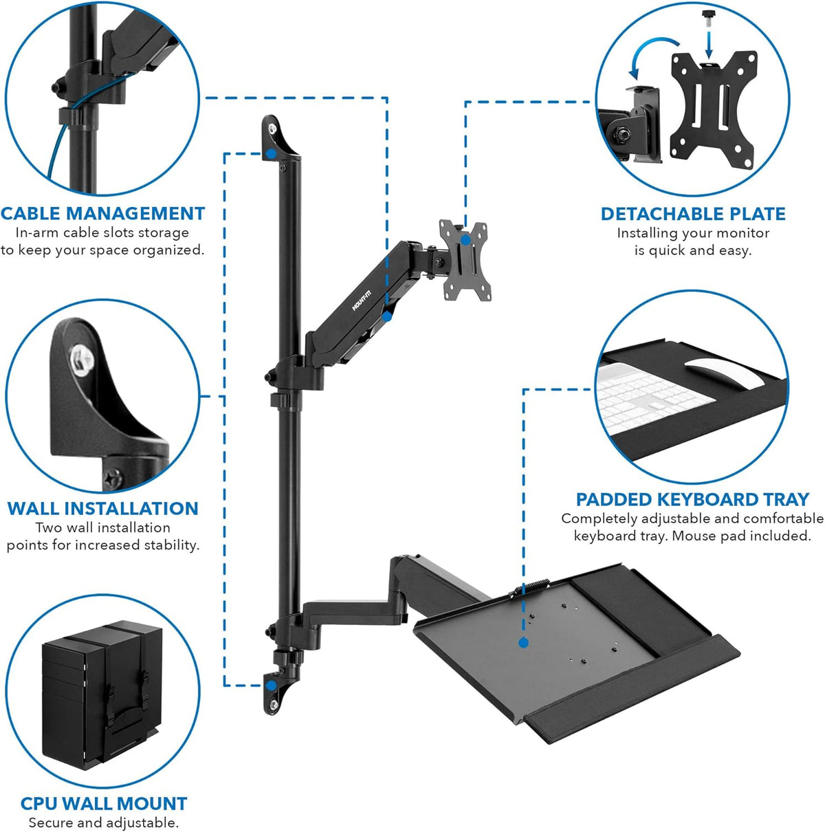 Wall Mount Workstation with Single Monitor Mount, Keyboard Tray and CPU Holder, Height Adjustable Full Motion Arms E332