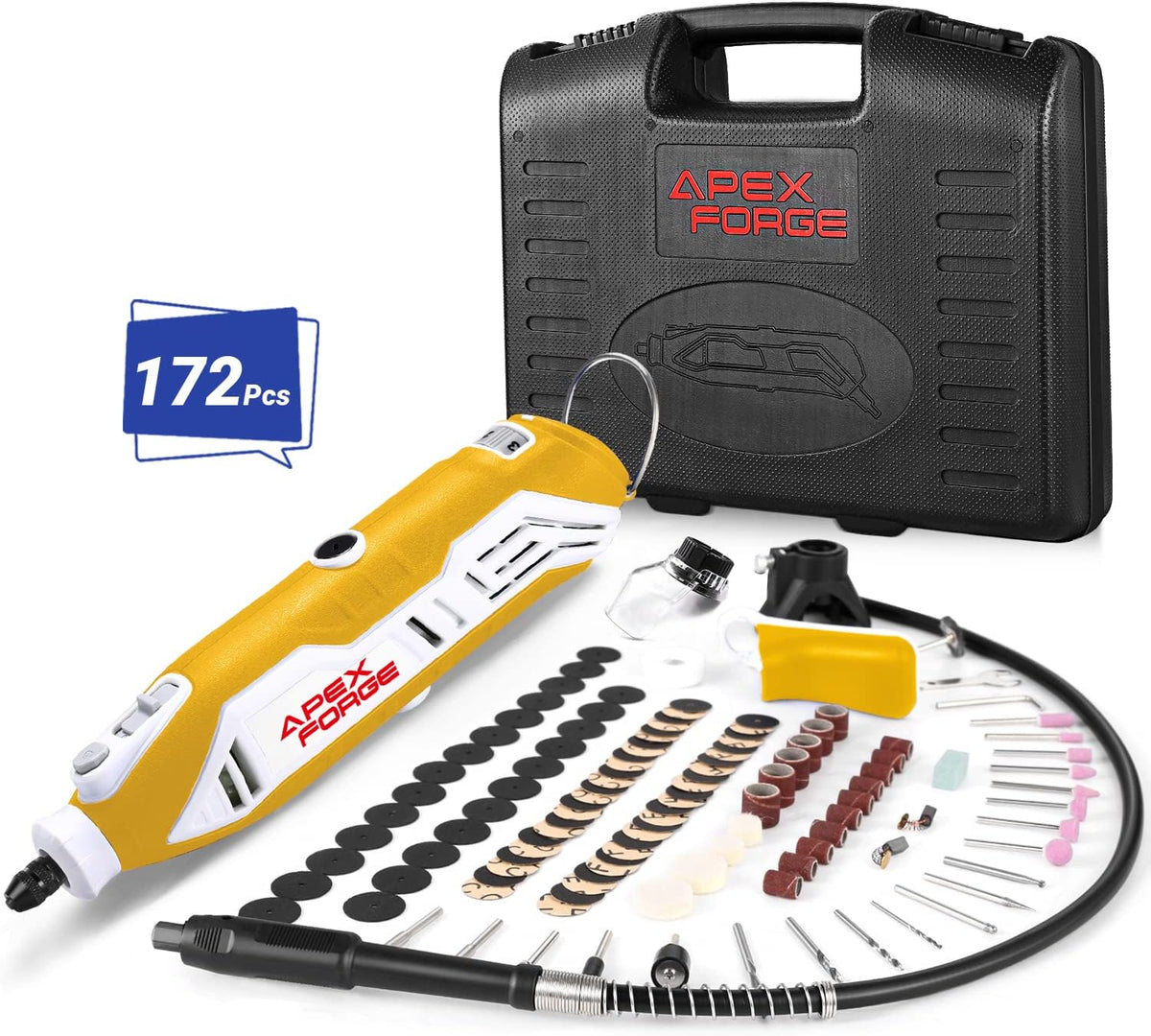 Rotary Tool Kit, Keyless Chuck, 172 Accessories, 6-Speed, Flex Shaft, 4 Attachments, Carrying Case J714