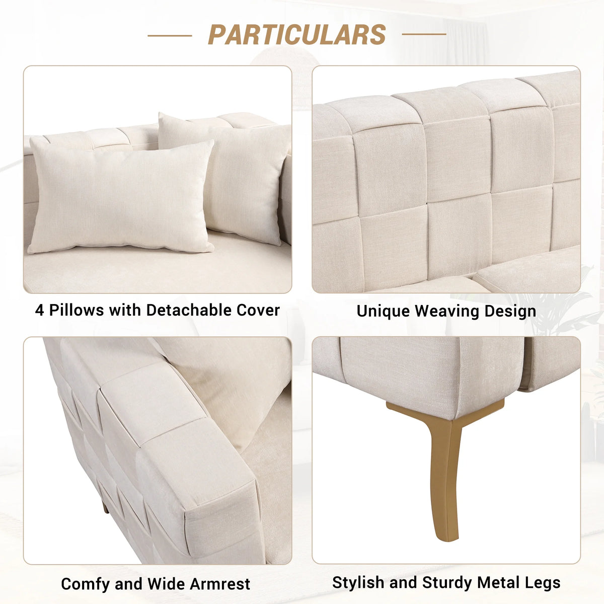 Beige Upholstered Sofa with 4 Pillows T11373