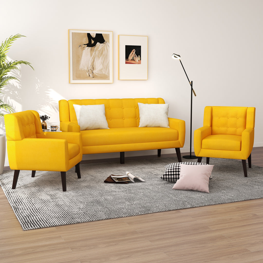 Yellow Tufted Linen Cotton Loveseat with 2 Accent Chairs Q59060