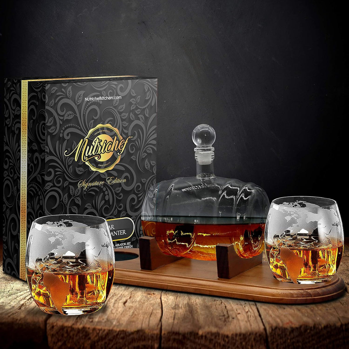 Brown Glass Whiskey Carafe with Stopper and Base V685827