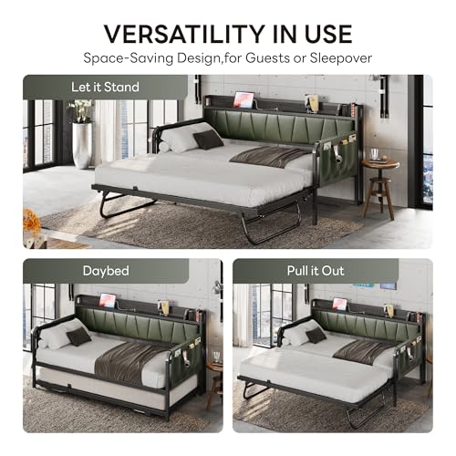 Grey Twin Daybed with Trundle Bed and Storage Headboard W3036