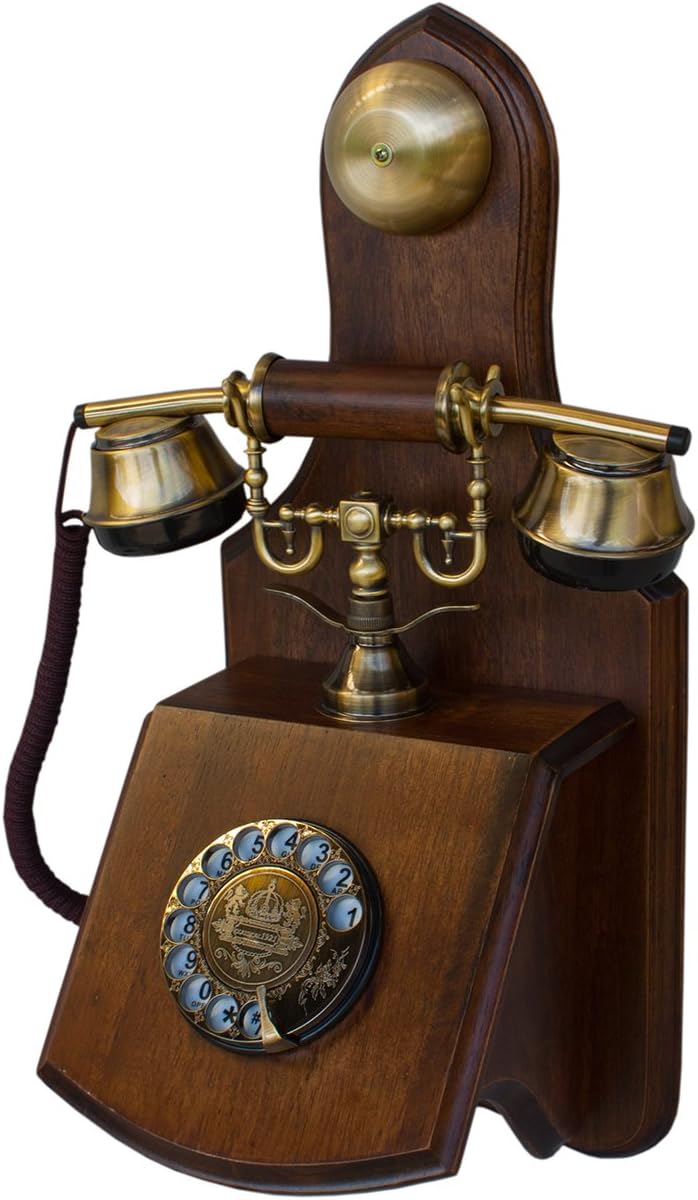 Real Wood Retro Telephone with Vintage Rotary Dial and Metal Bell V428