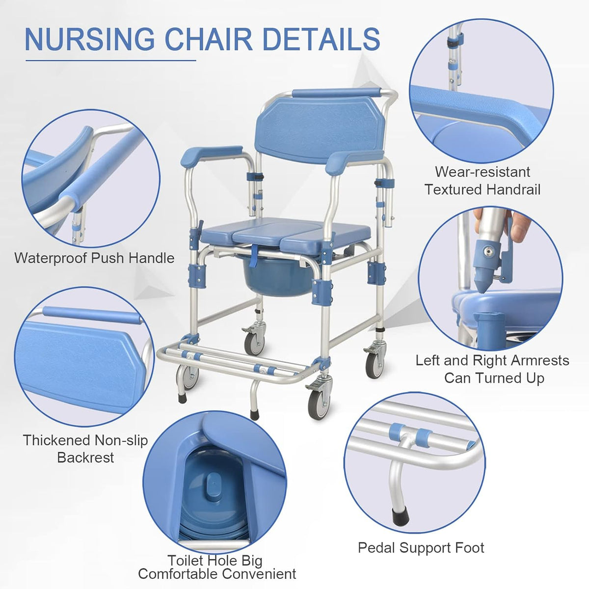 Rolling Showerchair with Built-in Toilet, 4 Wheel Brakes N297