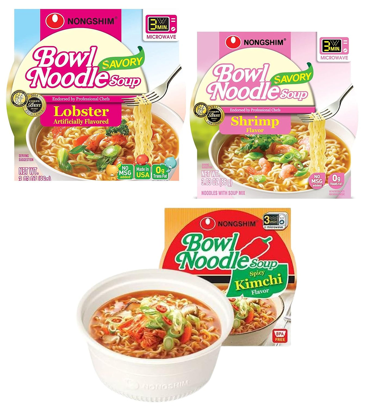 Bowl Noodle Soup, LOBSTER, SHRIMP, SPICY KIMCHI Flavor (Pack Of 3 x 3.03 Oz) M932892