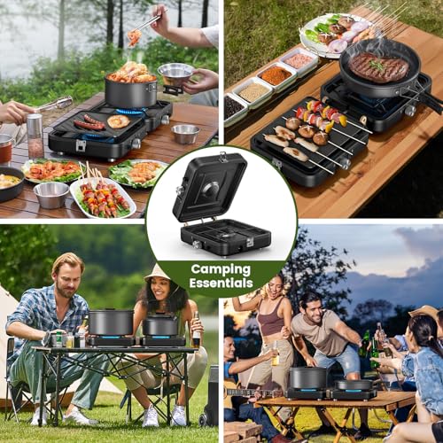2-Burner Portable Propane Camp Stove with Griddle and Carrying Bag Y589