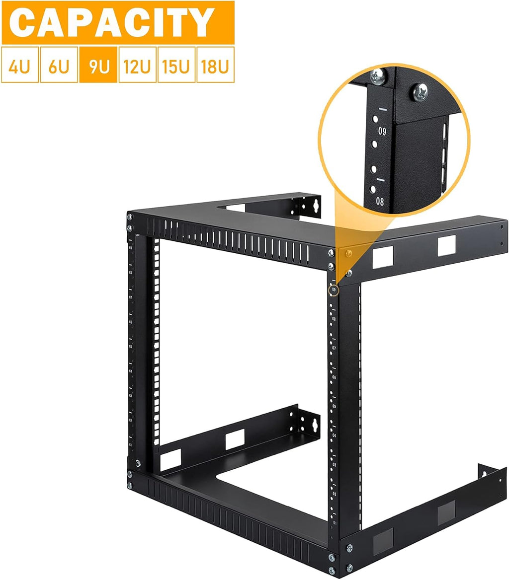 9U Wall Mount Rack, 17.7" Deep 2 Post Open Frame, Black U365