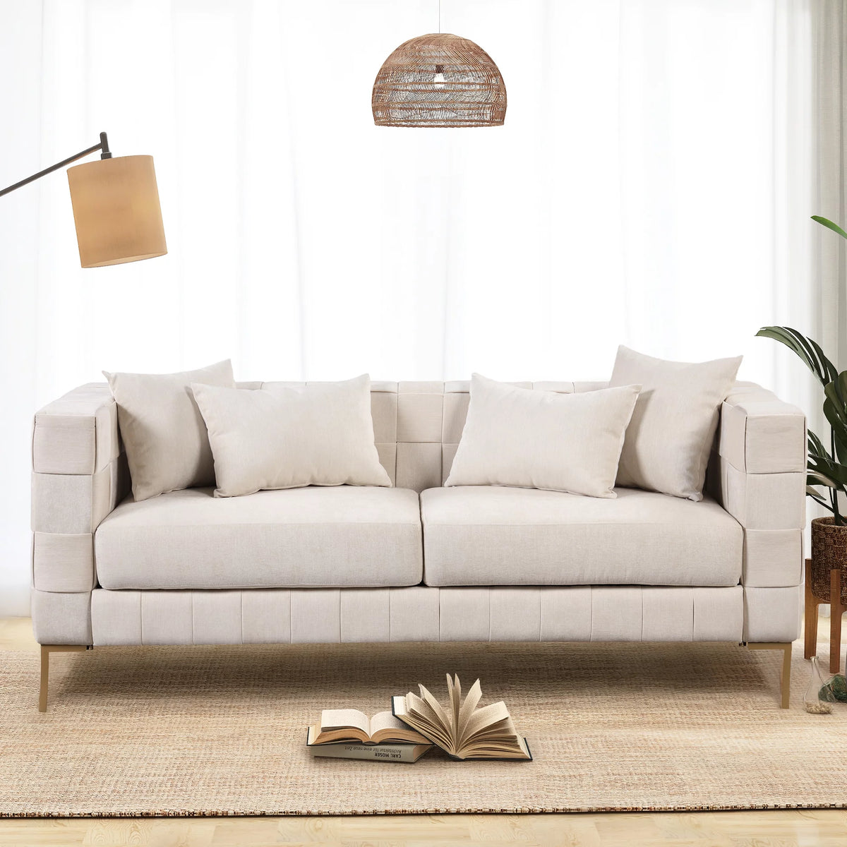 Beige Upholstered Sofa with 4 Pillows T11373