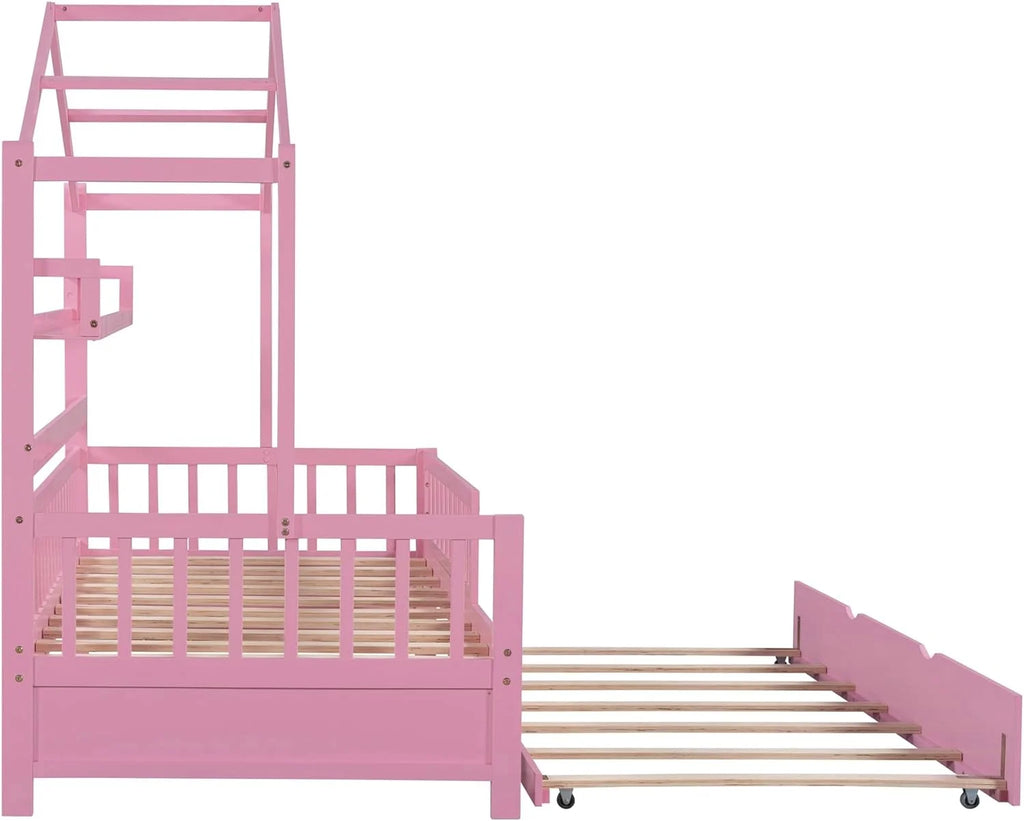 Twin Size Wooden House Bed with Trundle and Storage Shelves Z43439
