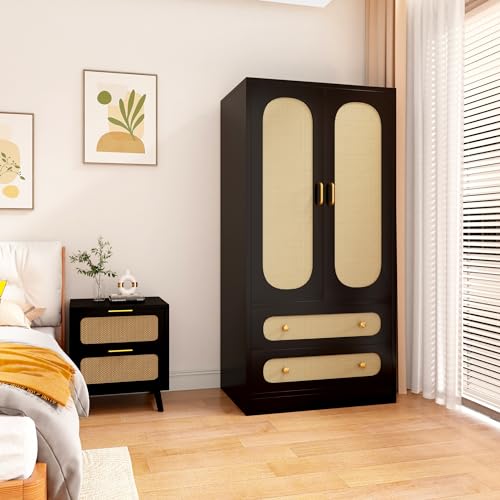 2 Door Rattan Wood Wardrobe with 2 Drawers & Hanging Rail (Black) N93922