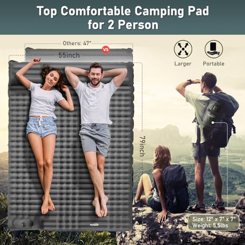 Double Sleeping Pad, 4" Ultra-Thick Self Inflating Camping Pad 2 Person with Pillow Built-in Foot Pump I5176