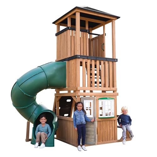 Three-Story Wooden Outdoor Playhouse with Slide A60998