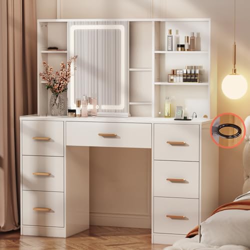 White 7 Drawer Vanity Desk with Mirror and Lights P548520