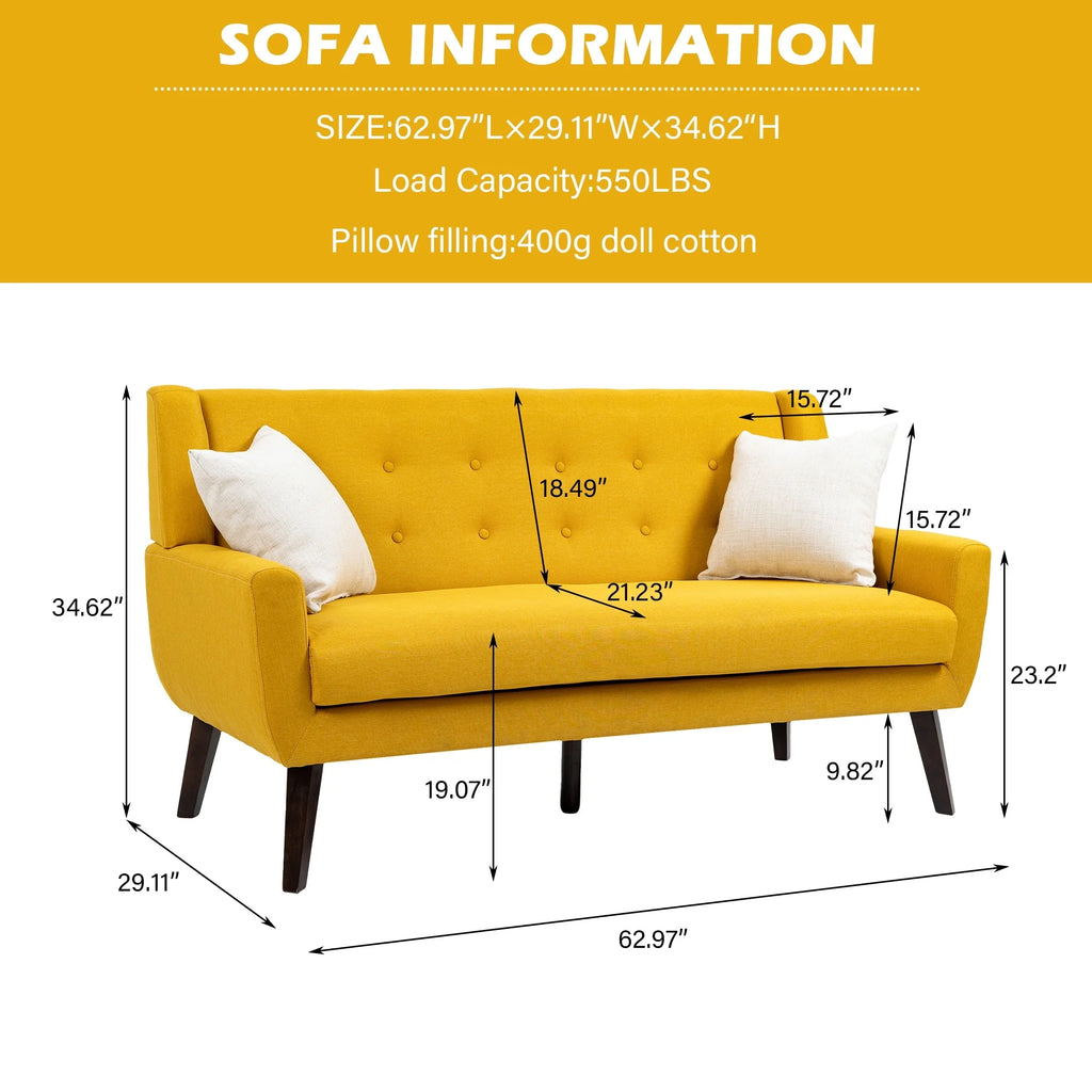 Yellow Tufted Linen Cotton Loveseat with 2 Accent Chairs Q59060