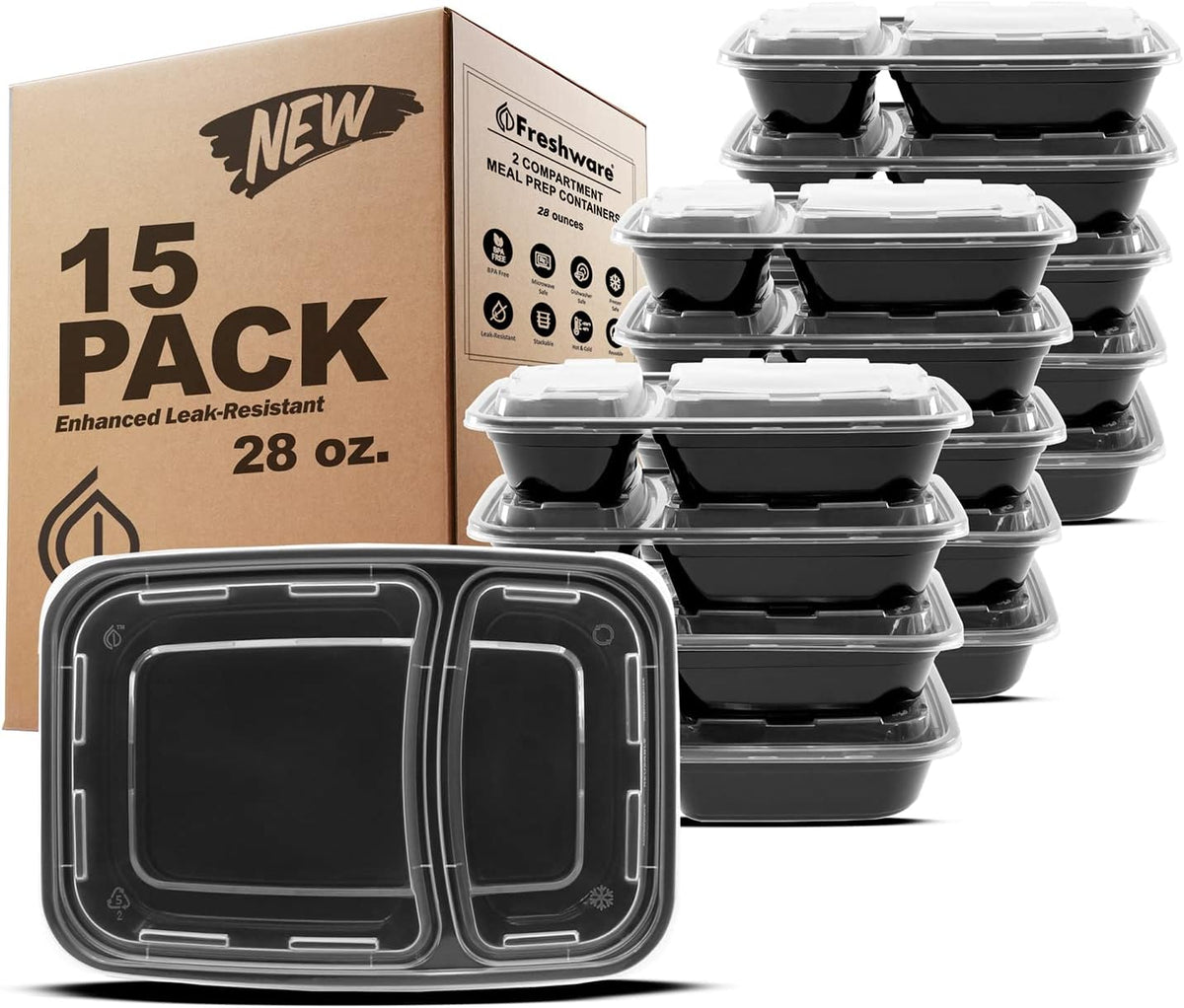 15 Pack 2 Compartment BPA Free Food Storage Containers with Lids E412851