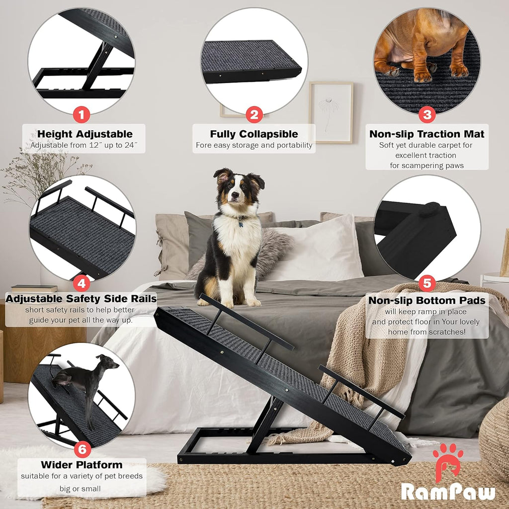 Adjustable Pet Ramp with Non Slip Traction Mat, Safety Side Rails, Black, Pack of 2 V924044