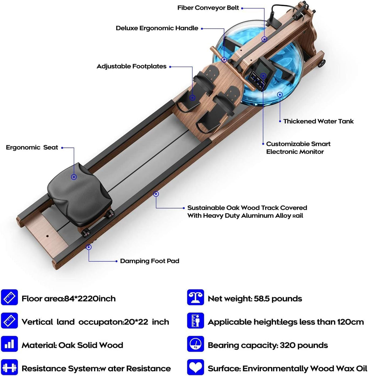 ASH Wood Water Resistance Rowing Machine with Bluetooth Monitor A1800