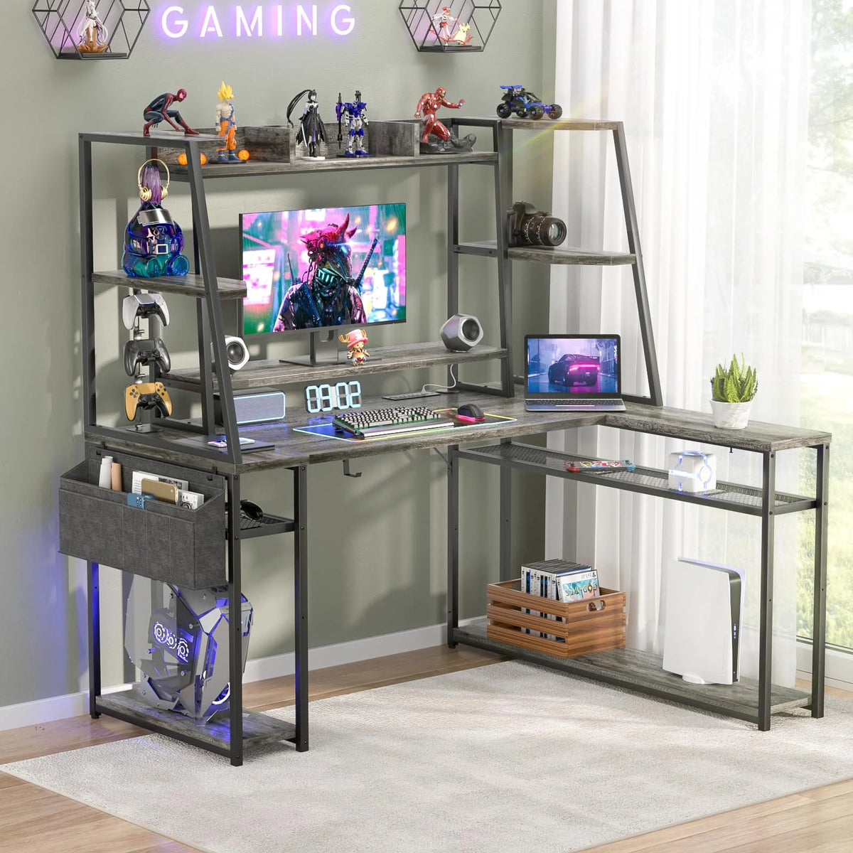 Black Oak 47'' L Shaped Corner Computer Desk with LED Lights and Power Outlets X773