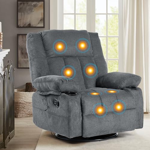 Recliner Chair Massage Fabric Recliners with Heated, 360 Degree Swivel Single Sofa with Cup Holders and Side Pockets Rocking Chair X93338