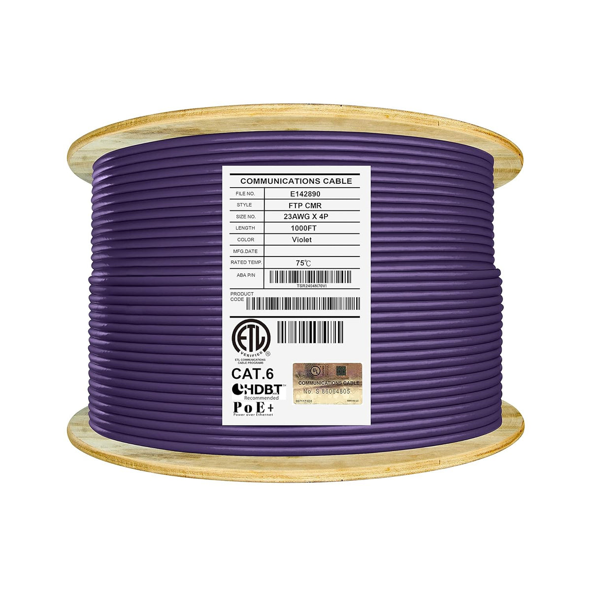 Cat6 Shielded Riser 1000ft F/UTP 23AWG Solid Bare Copper Ethernet Cable Reel Orange A7896