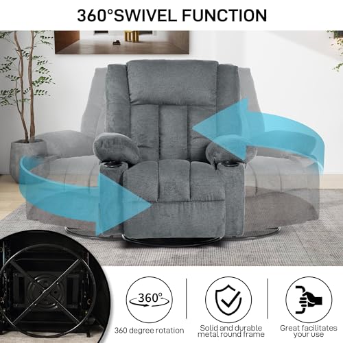 Recliner Chair Massage Fabric Recliners with Heated, 360 Degree Swivel Single Sofa with Cup Holders and Side Pockets Rocking Chair X93338