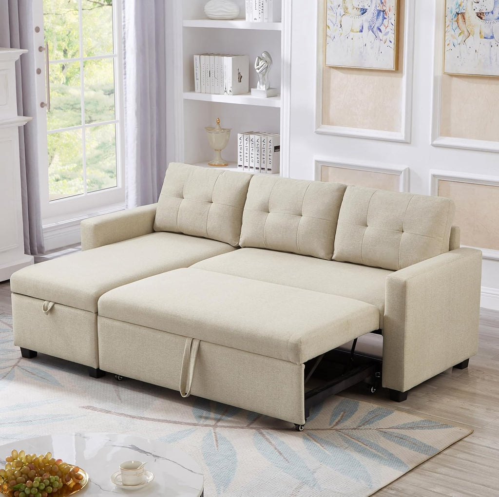 Beige L-Shape Convertible Sofa Sleeper with Pull-Out Bed N5151