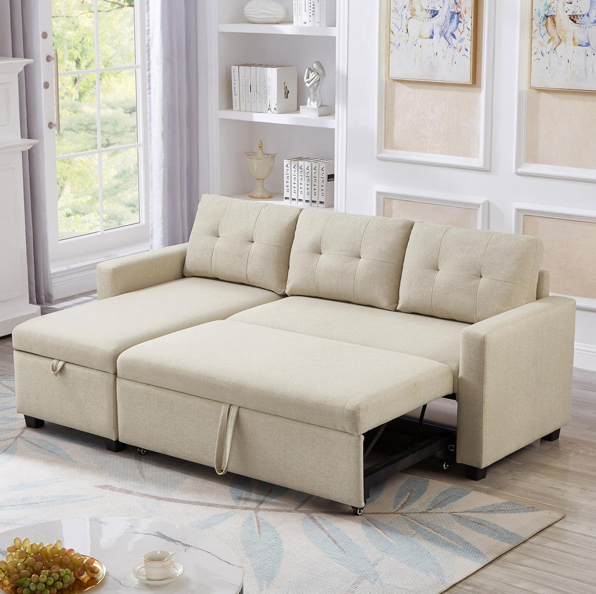Beige L-Shape Convertible Sofa Sleeper with Pull-Out Bed N5151