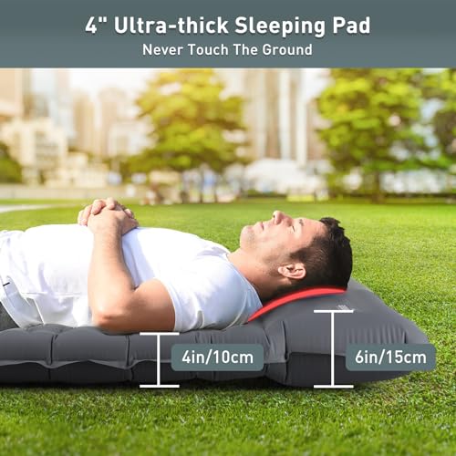 Double Sleeping Pad, 4" Ultra-Thick Self Inflating Camping Pad 2 Person with Pillow Built-in Foot Pump I5176