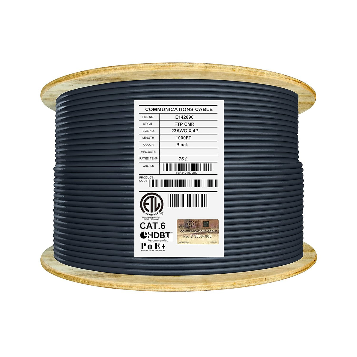 Cat6 Shielded Riser 1000ft F/UTP 23AWG Solid Bare Copper Ethernet Cable Reel Orange A7896