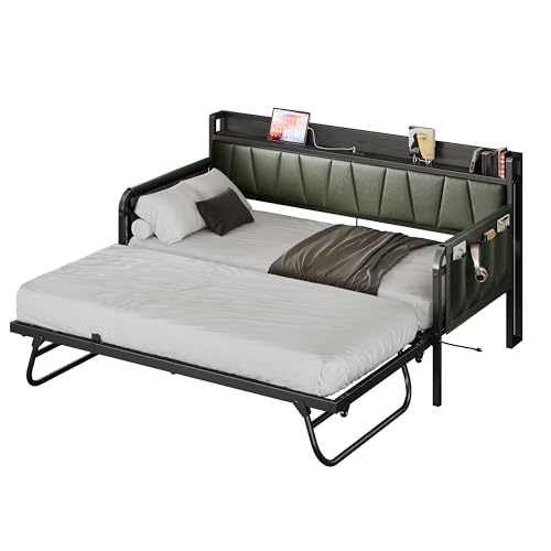Grey Twin Daybed with Trundle Bed and Storage Headboard W3036