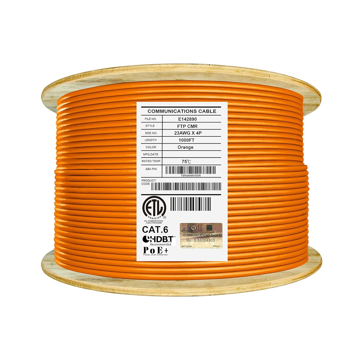Cat6 Shielded Riser 1000ft F/UTP 23AWG Solid Bare Copper Ethernet Cable Reel Orange A7896