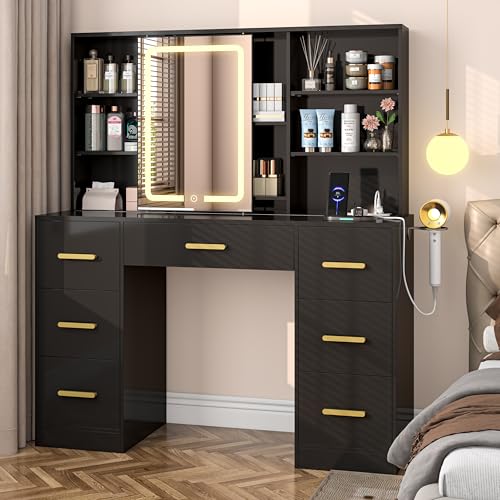 White 7 Drawer Vanity Desk with Mirror and Lights P548520