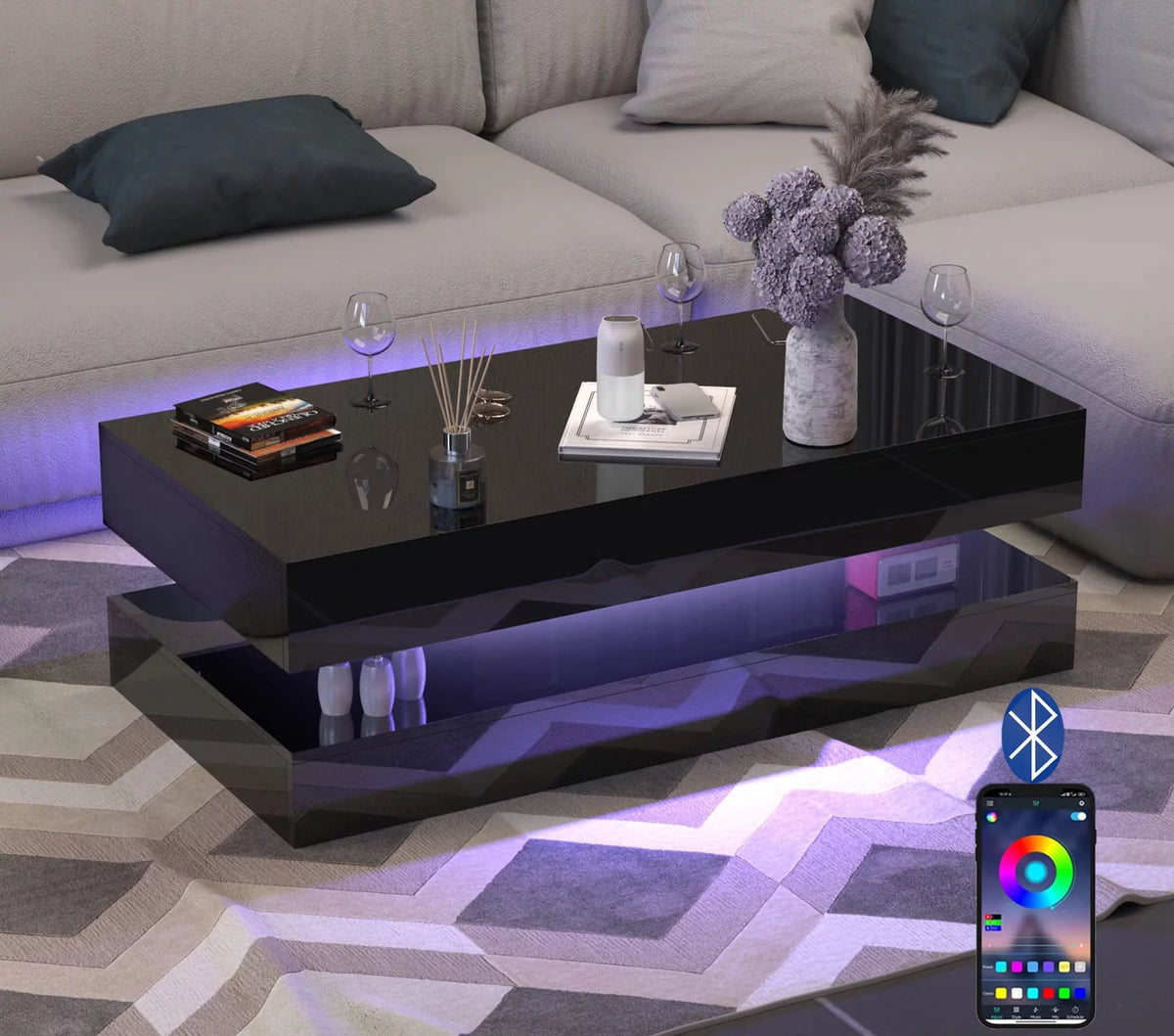LED Coffee Table with 2 Storage Drawers, High Gloss Black I47037