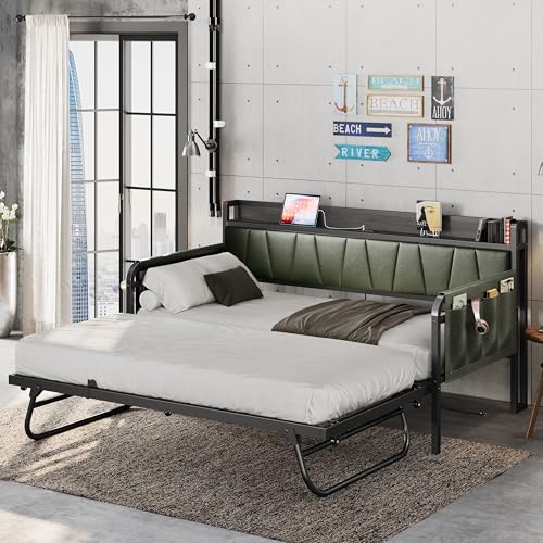 Grey Twin Daybed with Trundle Bed and Storage Headboard W3036