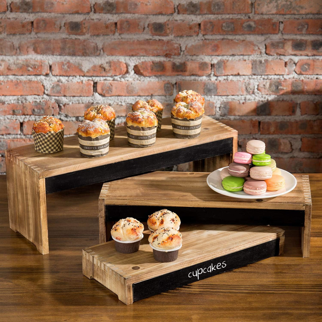 3-Tier Burnt Dark Brown Wood Cake Display Stands with Chalkboard Panels H5081