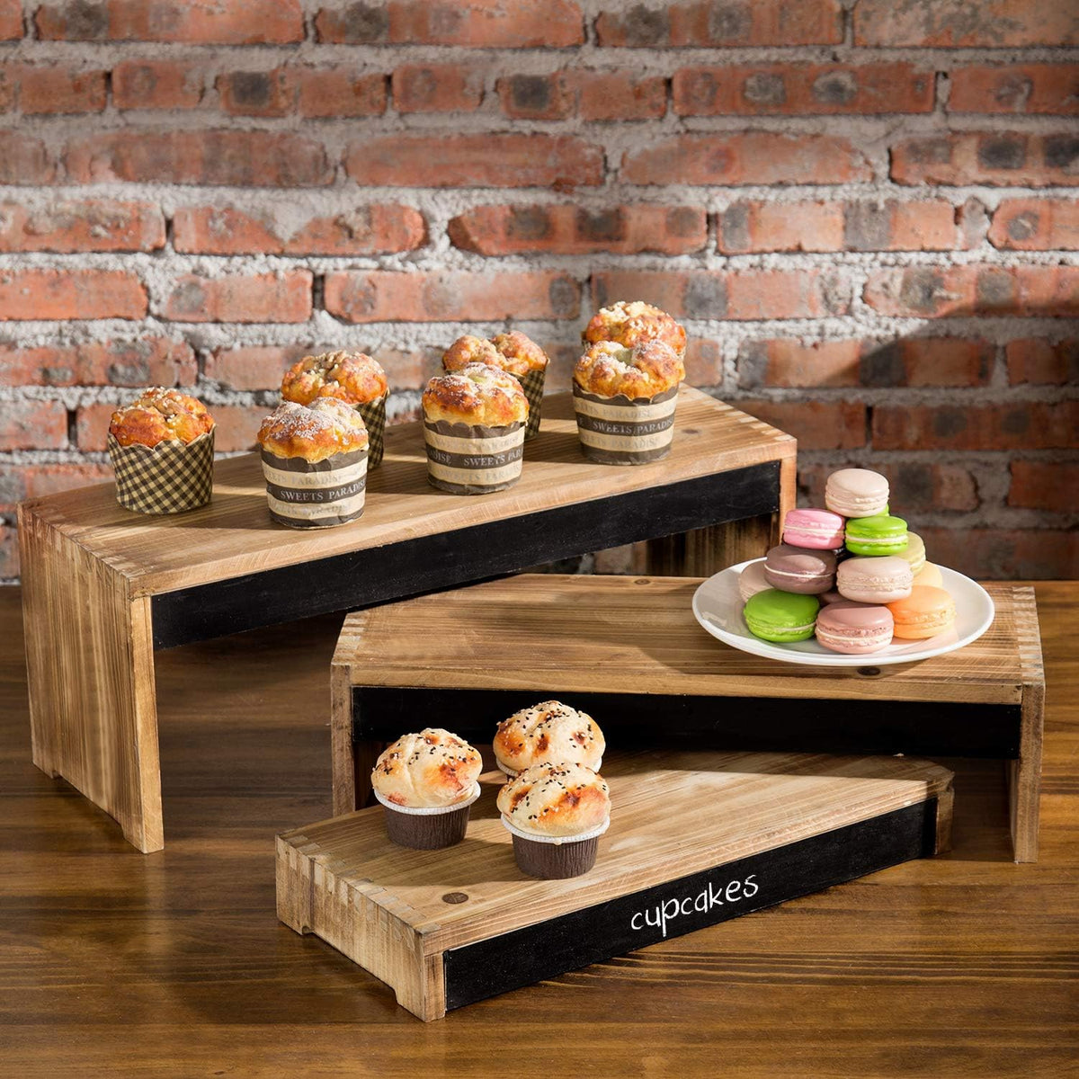 3-Tier Burnt Dark Brown Wood Cake Display Stands with Chalkboard Panels H5081