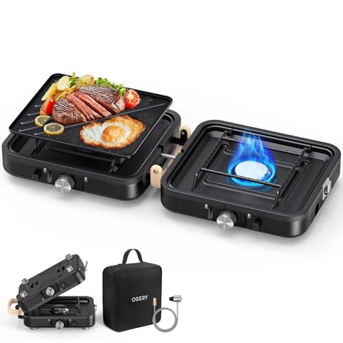 2-Burner Portable Propane Camp Stove with Griddle and Carrying Bag Y589