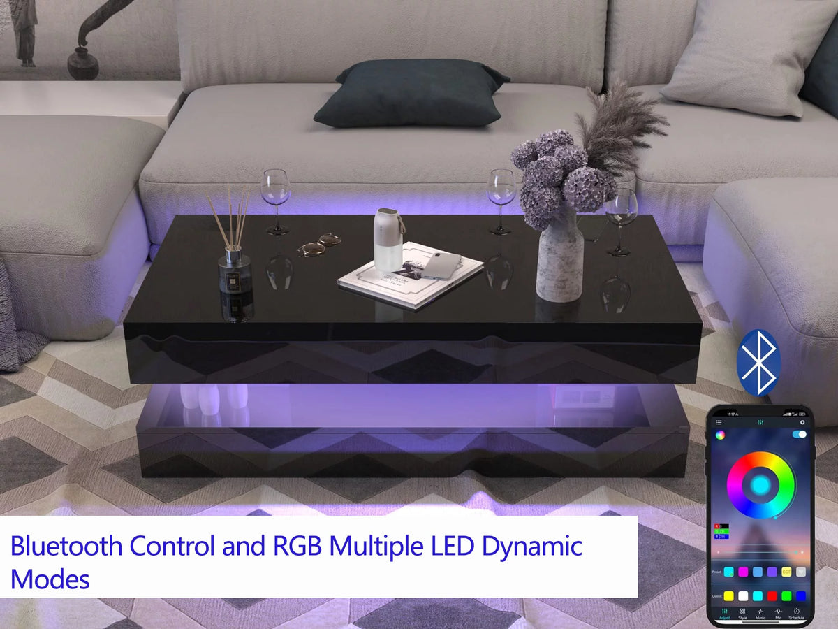 LED Coffee Table with 2 Storage Drawers, High Gloss Black I47037