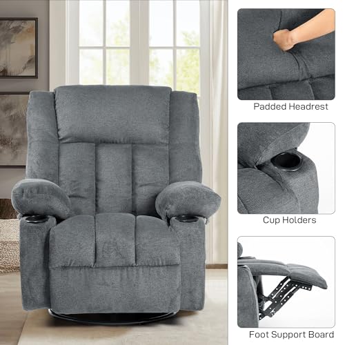 Recliner Chair Massage Fabric Recliners with Heated, 360 Degree Swivel Single Sofa with Cup Holders and Side Pockets Rocking Chair X93338