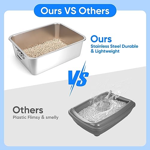 Stainless Steel Litter Box with Handle, 17.5" L x 13.5" W x 6" H, Non Stick Smooth Surface A65637