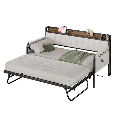 Grey Twin Daybed with Trundle Bed and Storage Headboard W3036