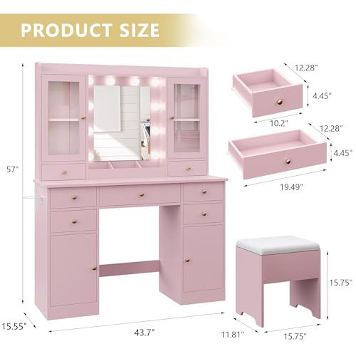 White Vanity Desk with Mirror and Lights and Storage Drawers B83910