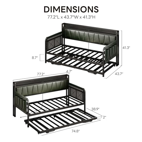 Grey Twin Daybed with Trundle Bed and Storage Headboard W3036