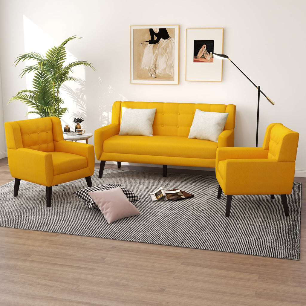 Yellow Tufted Linen Cotton Loveseat with 2 Accent Chairs Q59060