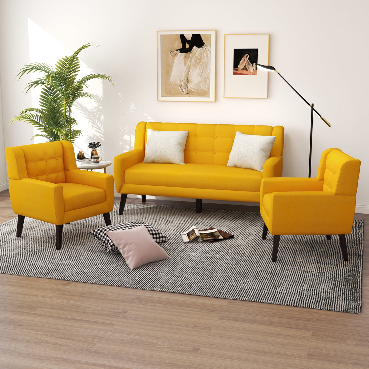 Yellow Tufted Linen Cotton Loveseat with 2 Accent Chairs Q59060