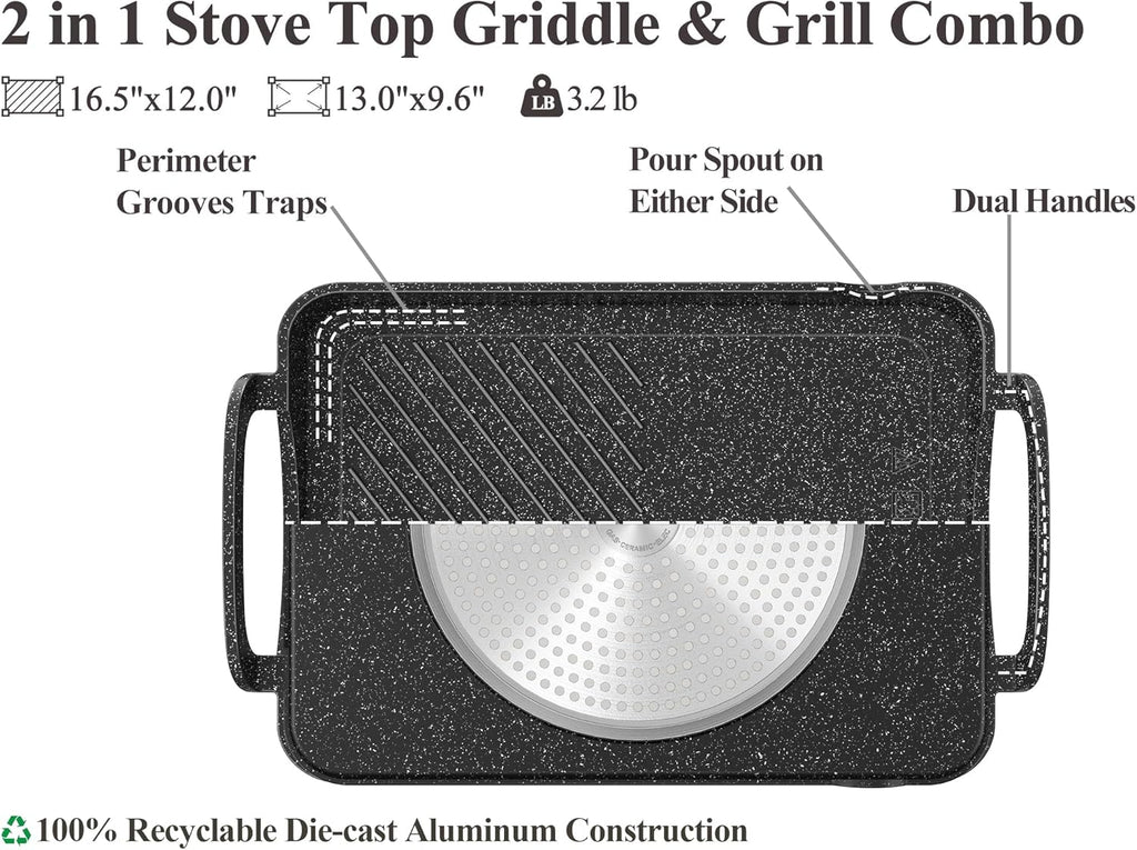 Nonstick 16.5"x12.0" Double Burner Granite Griddle Pan H582579