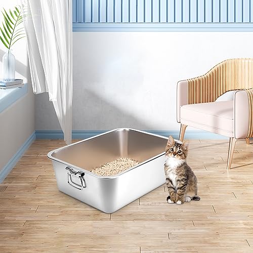 Stainless Steel Litter Box with Handle, 17.5" L x 13.5" W x 6" H, Non Stick Smooth Surface A65637